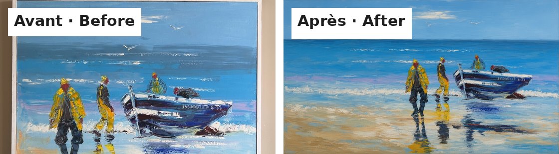 Peinture de plage avec pêcheurs, avant et après retouche de composition