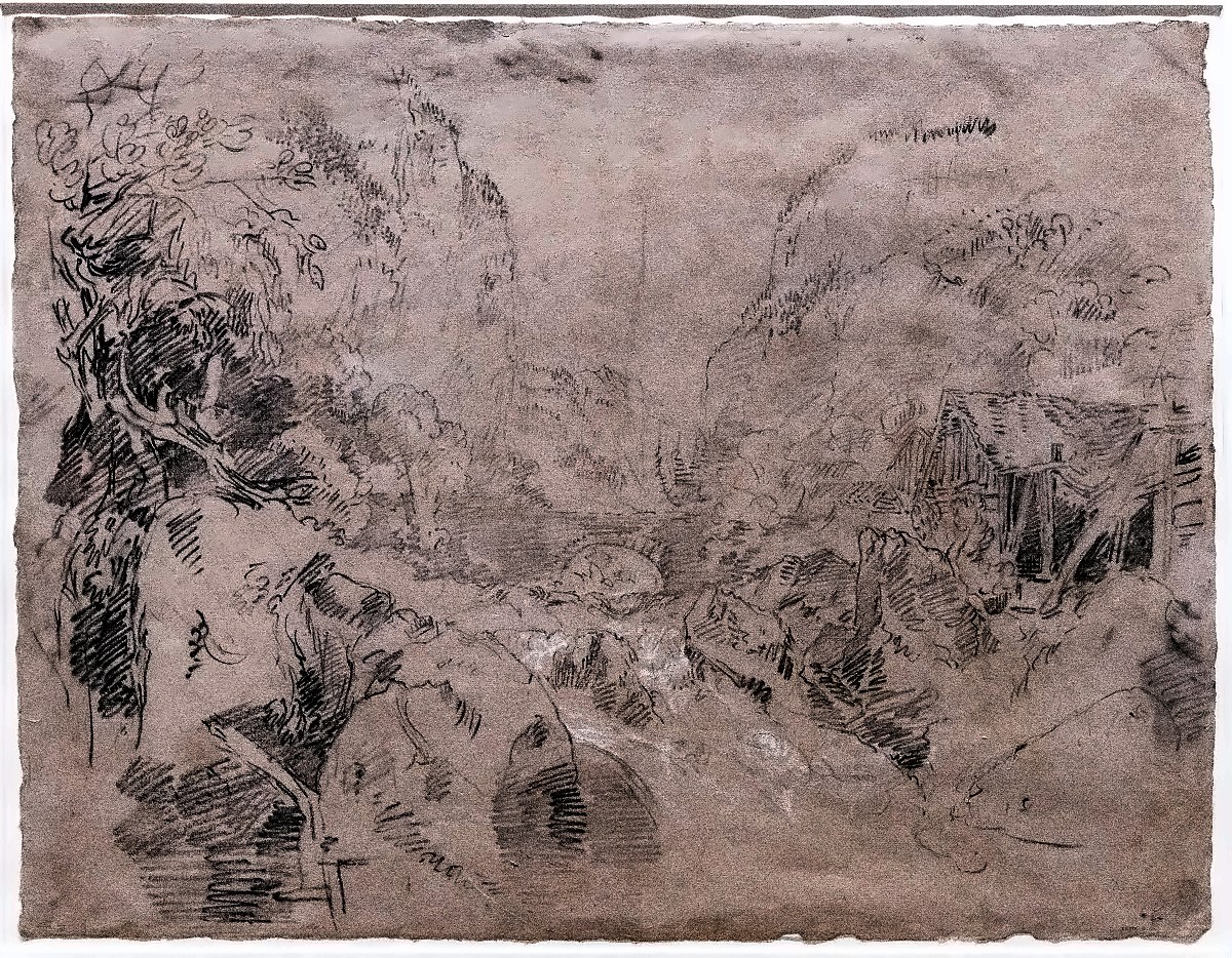 J.M.W. Turner, A Bridge over a Mountain Stream: Gorges du Guiers Mort, Chartreuse, 1802. Pencil, chalk and white gouache. Tate (Turner Bequest). Photo via Wikimedia Commons, public domain; contrast lightly adjusted.