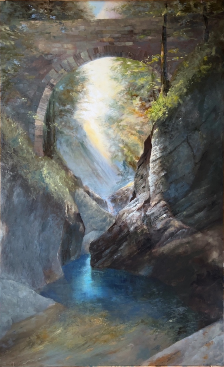 Joseph E. Sherriff, Under the Bridge Again. Oil on wood, 100 × 162 cm.