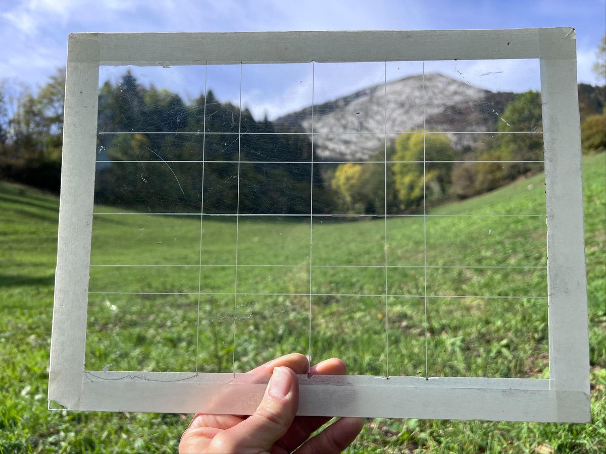 The viewfinder: framed plexiglass with its grid, held up to the scene.